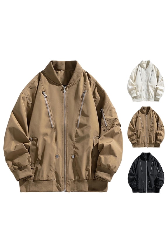 Jackets for Men Zip up Long Sleeve Drop Shoulder Loose Trendy Streetwear Workwear Cargo Motorcycle Bomber Jacket for Outdoor