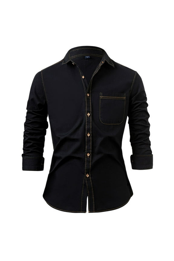 Jean Shirts for Men Button down Ruched 3/4 Sleeve Fitted Vintage Casual Denim Shirts with Pockets