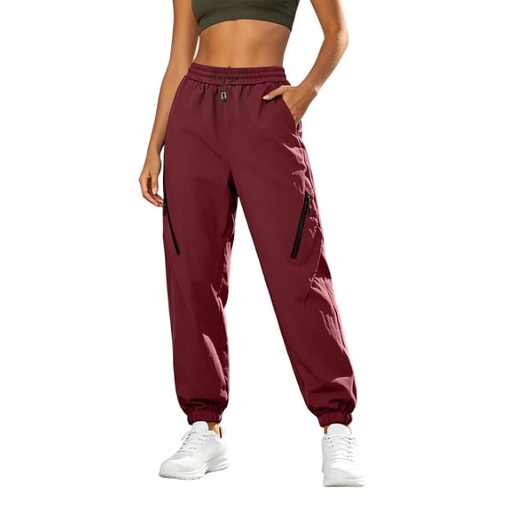Dagugfen Jogger Pants for Women Waterproof Windbreakers Cinch Bottom Outdoor Hiking Camping Pants with Zip Pockets(XL,Wine)