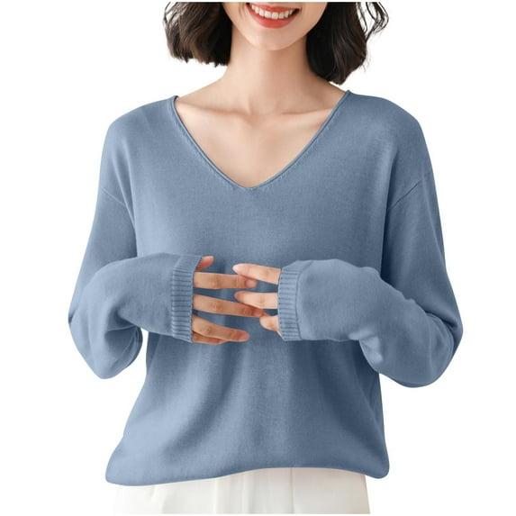 Dagugfen Ladies Tops and Blouses Ribbed V Neck Cute Loose Comfy Work Casual Long Sleeve Shirts Solid Color