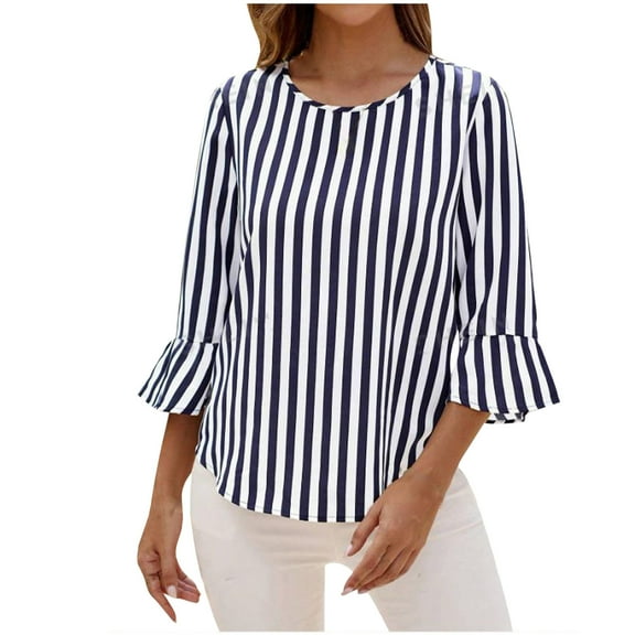 Dagugfen Ladies Tops and Blouses Striped 3/4 Sleeve Round Neck Lightweight Loose Business Casual Dress Shirts