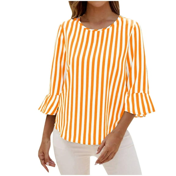 Dagugfen Ladies Tops and Blouses Striped 3/4 Sleeve Round Neck Lightweight Loose Business Casual Dress Shirts