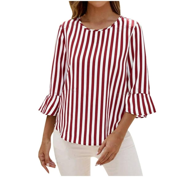 Dagugfen Ladies Tops and Blouses Striped 3/4 Sleeve Round Neck Lightweight Loose Business Casual Dress Shirts