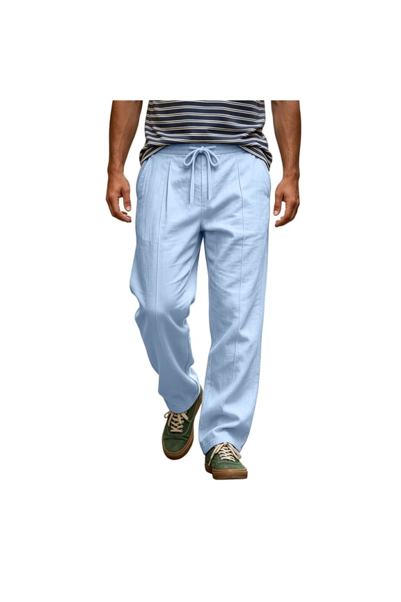 Linen Pants for Men Drawstring Elastic Waist Loose Fitted Lightweight Full Length Casual Pants with Pockets