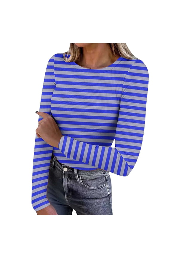 Long Sleeve Shirt for Women Light Fleece Thermal Tunic Crew Neck Fitted Ribbed Casual Tops Striped