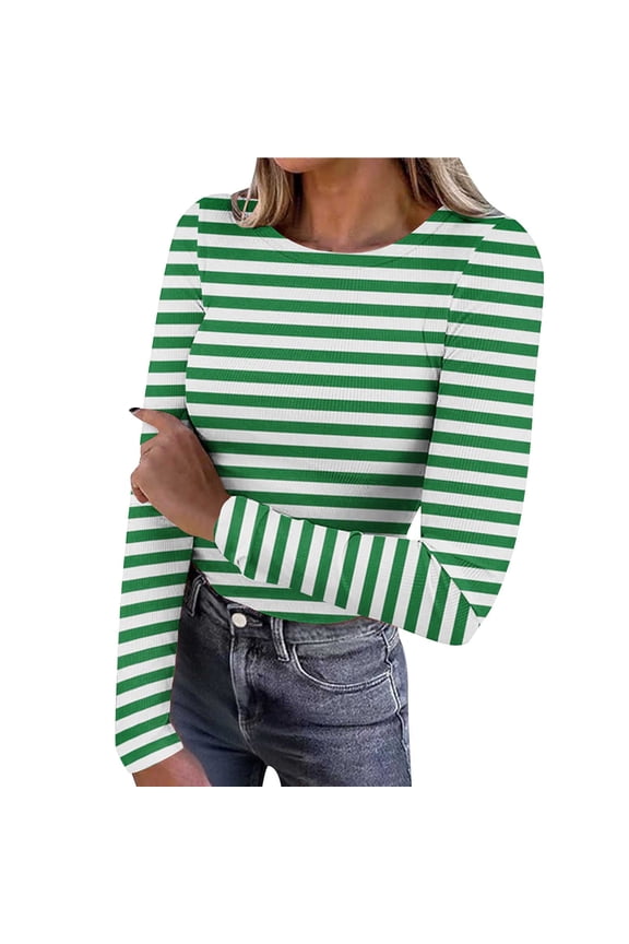 Long Sleeve Shirt for Women Light Fleece Thermal Tunic Crew Neck Fitted Ribbed Casual Tops Striped