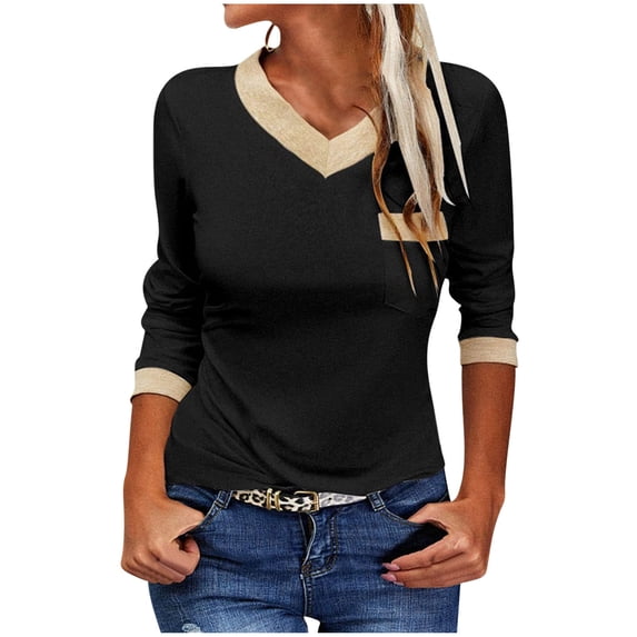 Dagugfen Long Sleeve Shirts for Women Color Block Comfy Tunic Tops Loose Casual Trendy Workwear Tops with Pocket