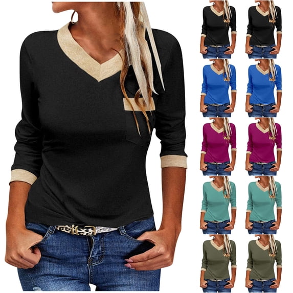 Dagugfen Long Sleeve Shirts for Women Color Block Comfy Tunic Tops Loose Casual Trendy Workwear Tops with Pocket