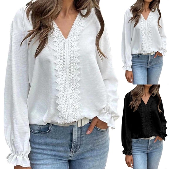 Dagugfen Long Sleeve Shirts for Women Cute Ruffle V Neck Blouses Dressy Casual Lace Patchwork Lightweight Tops