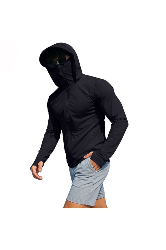 Long Sleeve Tops for Men with Hooded Full Zip Sunproof Outdoor Climbing Tops Stretchy Breathable Quick Drying Activewear Tops