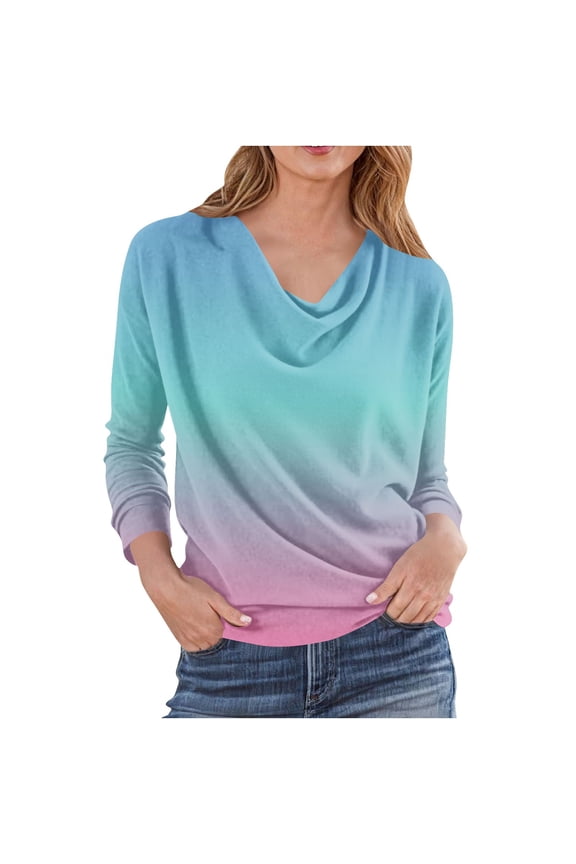 Long Sleeve Tops for Women Casual Cowl Neck Loose Fitting Comfy Trendy Gradient Color Blouses
