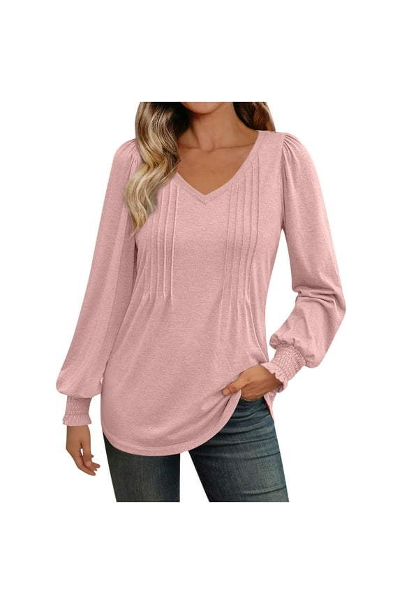 Long Sleeve Tops for Women Puff Shoulder Pleated Chest V Neck T Shirts Work Casual Tunic Blouses