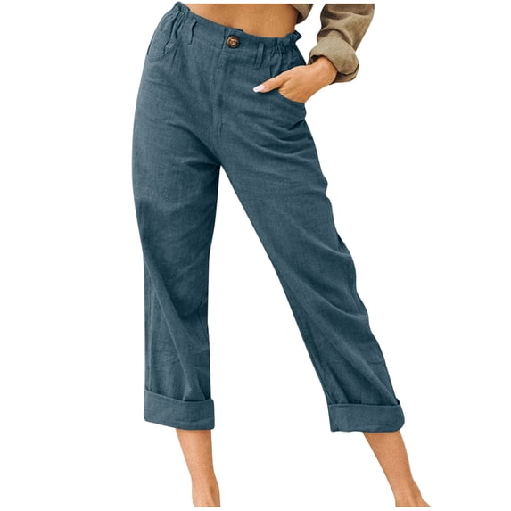 Dagugfen Loose Straight Leg Capris for Women Elastic Waist Business Casual Capri Pants with Pockets Solid Color