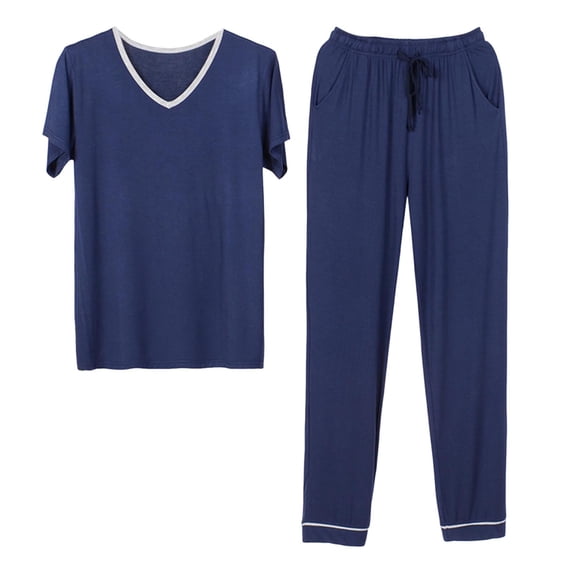 Dagugfen Lounge Sets for Men Pajamas 2 Piece V Neck Shorts Sleeve Shirts Pants Comfy Loose Casual Pjs