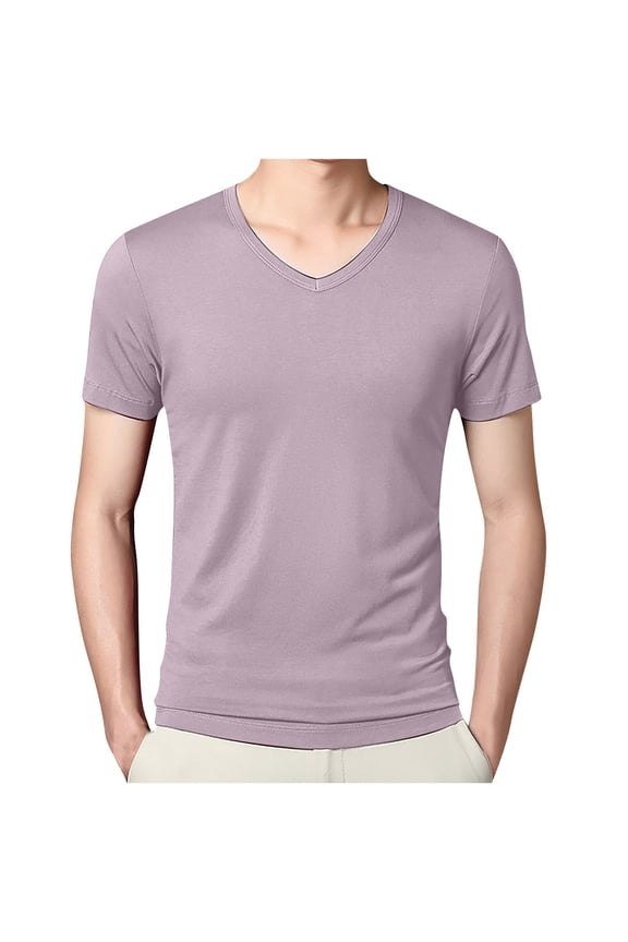 Men's Tee Shirts Short Sleeve Nylon Spandex Stretchable V Neck Pullover Tees for Men Solid Color