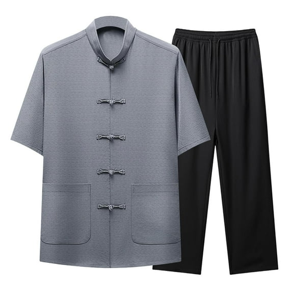 Dagugfen Mens 2 Piece Outfit Short Sleeve Button down Shirts with Pocket and Pants Comfy Casual Fall Clothes