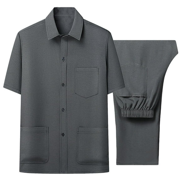 Dagugfen Mens 2 Piece Outfit Short Sleeve Button down Shirts with Pocket and Pants Comfy Casual Fall Clothes