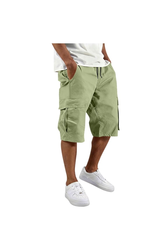 Mens Capri Cargo Pants Drawstring Elastic Waist Below Knee Cargo Pants Outdoor Hiking Climbing Capris with Multi Pockets