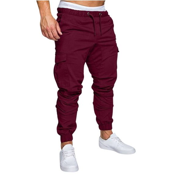 Dagugfen Mens Cargo Pants Casual Workwear with Pockets Elastic Waistband Drawstring and Ankle Binding Sports Pants Solid Color