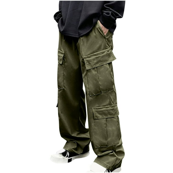 Dagugfen Mens Cargo Pants Fall Winter Drawstring Elastic Waist Loose Solid Color Lightweight Outdoor Hiking Pants Pockets