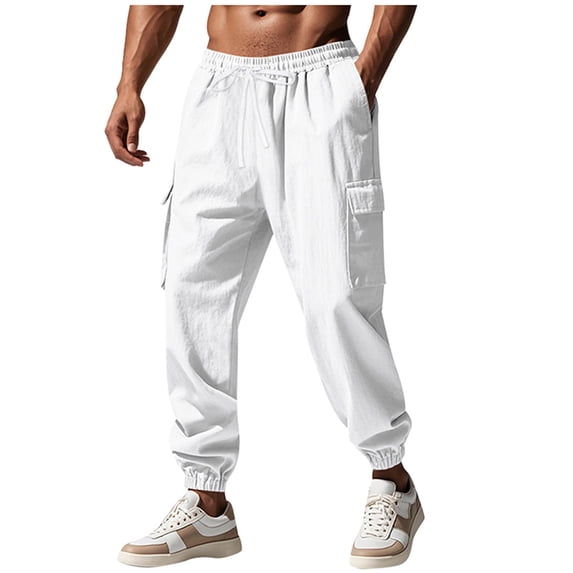 Dagugfen Mens Cargo Pants Summer Elastic Waist Drawstring Baggy Lightweight Work Lounge Pans Pockets