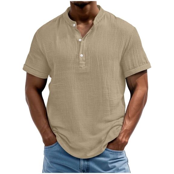 Dagugfen Mens Casual Shirts Qurater Button Short Sleeve Crew Neck Homewear Shirts for Men Solid Color