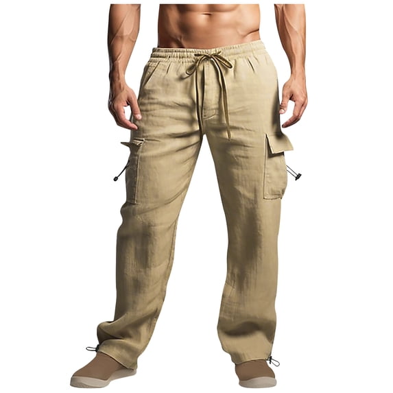 Dagugfen Mens Cotton Linen Pants Cargo Drawstring Mid Waist Loose Summer Lightweight Lounge Pants Pockets
