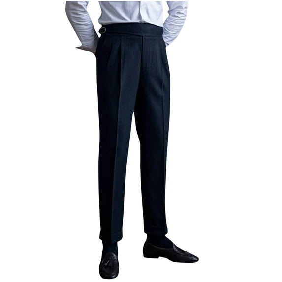 Dagugfen Mens Dress Pants High Waist Ruched Belt Fitting Fashion Vintage Business Casual Formal Pants Suit