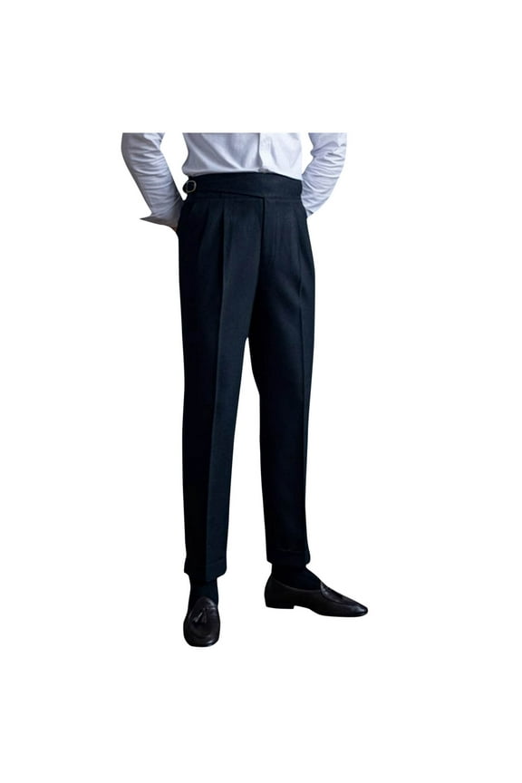 Mens Dress Pants High Waist Ruched Belt Fitting Fashion Vintage Business Casual Formal Pants Suit
