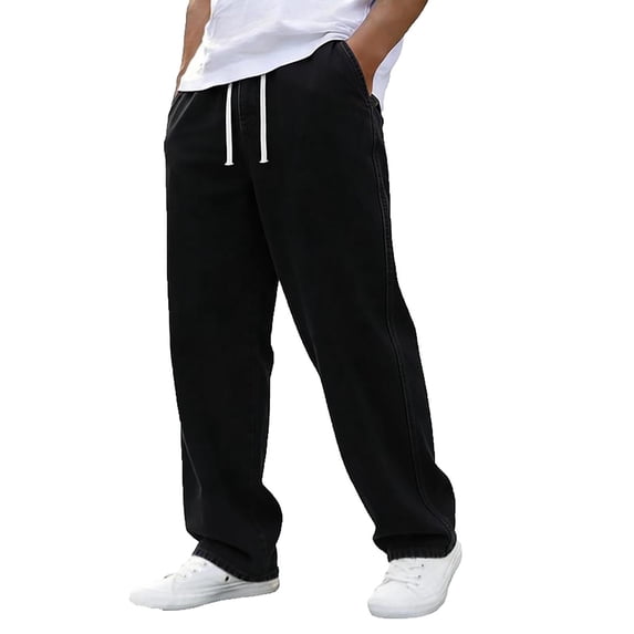 Dagugfen Mens Jean Pants Drawstring Elastic Waist Straight Leg Loose Fitted Denim Pants Daily Wear Basic Casual Pants with Pockets