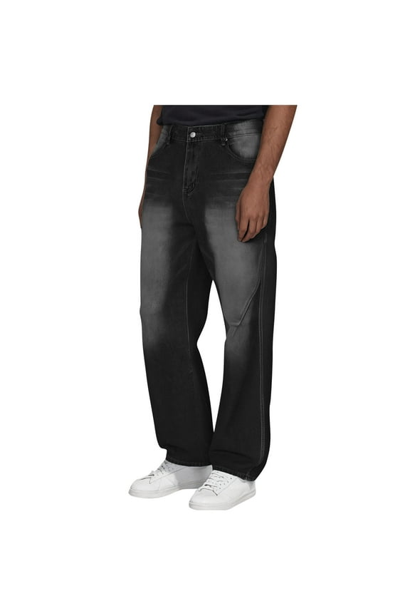 Mens Jean Pants Straight Leg Mid Waist Loose Classic Vintage Work Casual Demin Pants Pockets