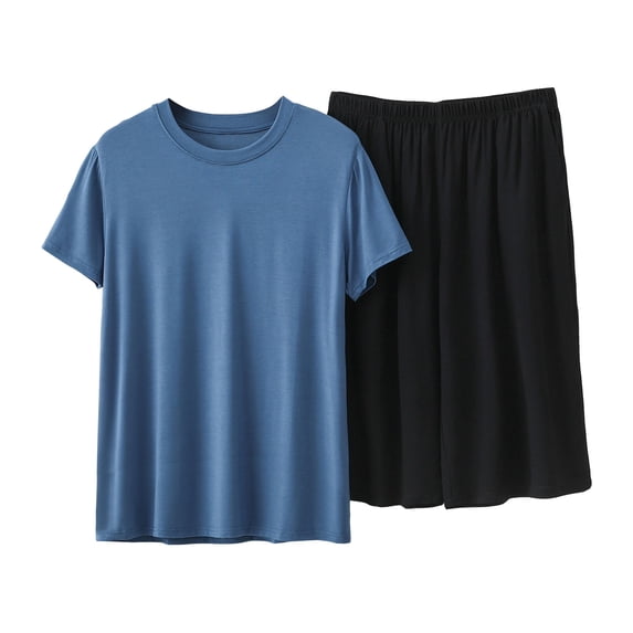 Dagugfen Mens Pajama Sets Short Sleeve Tee Shirt Tops Loose Fitted Elastic Waist Shorts Loungewear Sets(XXXL,Dark Blue)