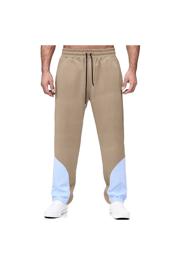Mens Pants Drawstring Elastic Waist Patchwork Full Length Straight Leg Pants Loose Fitted Daily Wear Casual Trousers