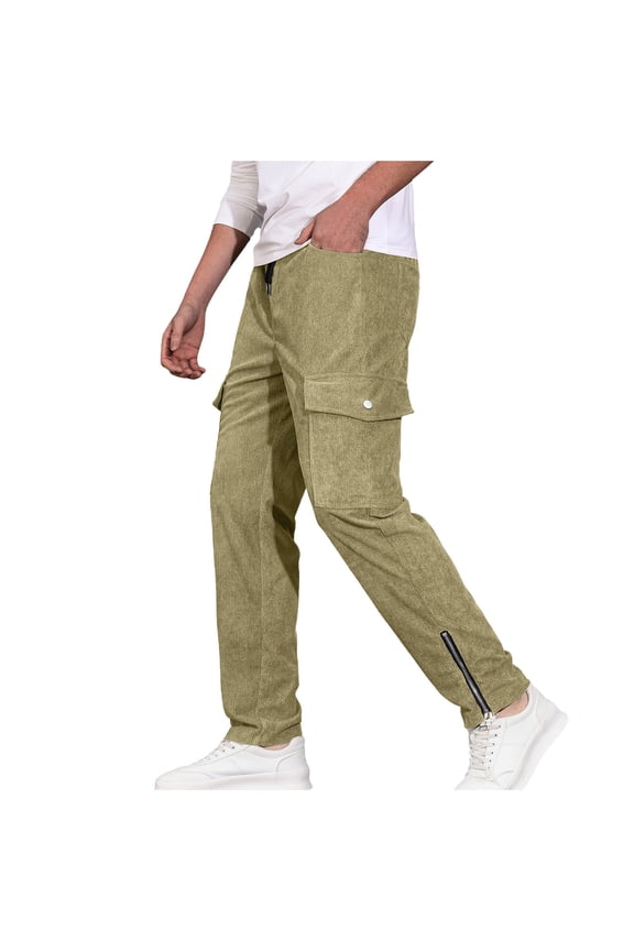 Mens Pants Fall Winter Flare Leg Elastic Waist Drawstring Side Zipper Casual Cargo Sports Pants Pockets