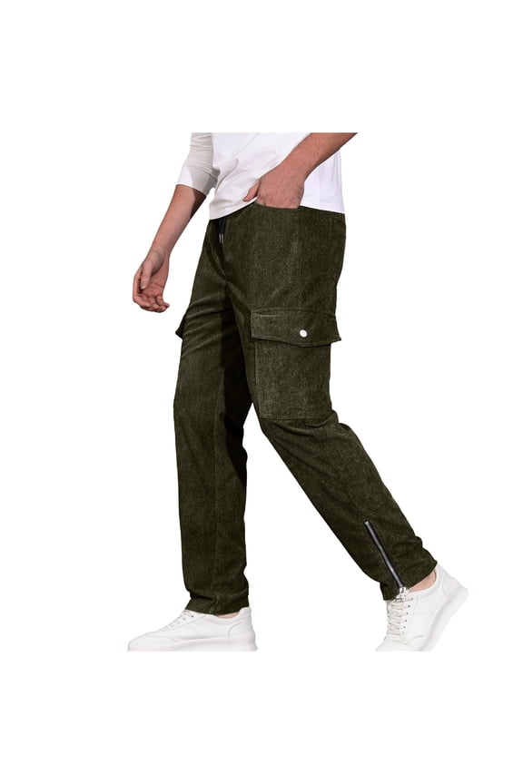 Mens Pants Flare Leg Elastic Waist Drawstring Side Zipper Casual Cargo Sports Pants Pockets