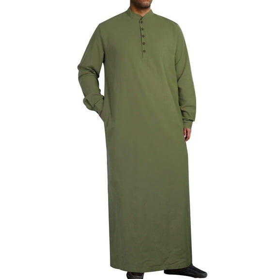 Dagugfen Mens Robes Long Sleeve Full Length Button down Muslim Gown Loose Casual Kaftan Jubba Thobe Solid Color