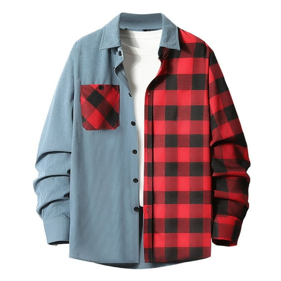 Dagugfen Mens Shirts Button up Long Sleeve Half Plaid Jackets Loose Fashion Streetwear Casual Tops Pocket