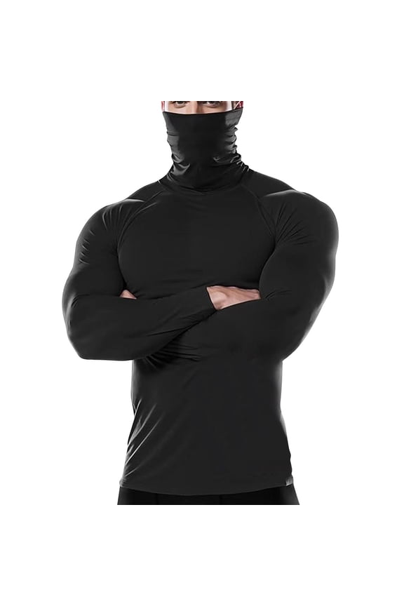 Mens Shirts Long Sleeve Slim Fitted Fitness Turtleneck Mask Gym Workout Running Outdoor Activewear Tops