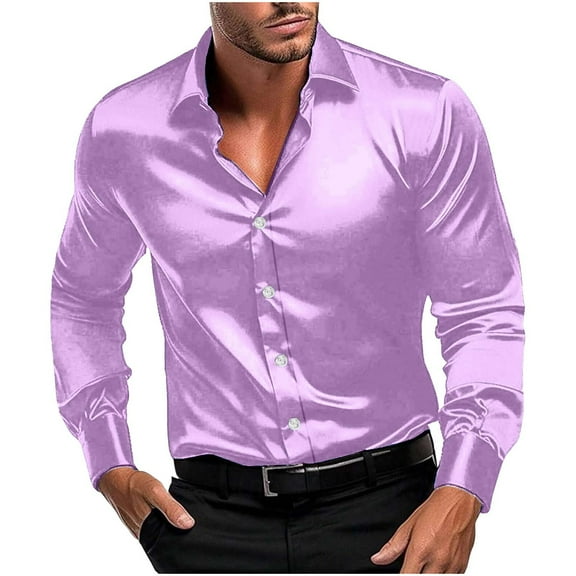 Dagugfen Mens Shirts Plus Size Button down Long Sleeve Satin Loose Comfy Solid Color Casual Tops for Party Dance