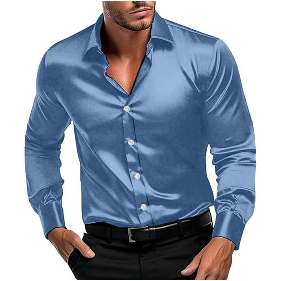 Dagugfen Mens Shirts Plus Size Button down Long Sleeve Satin Loose Comfy Solid Color Casual Tops for Party Dance