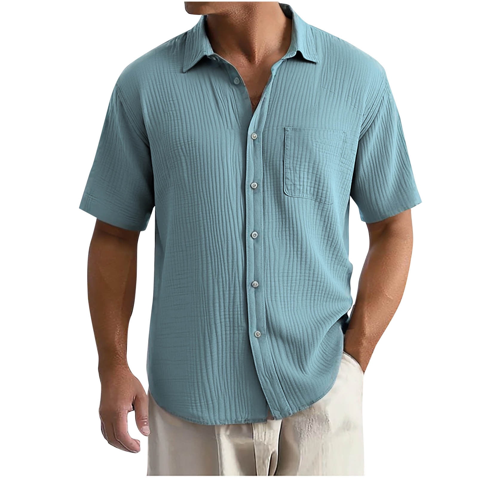 Dagugfen Mens Shirts Plus Size Button up Short Sleeve Loose Solid Color ...