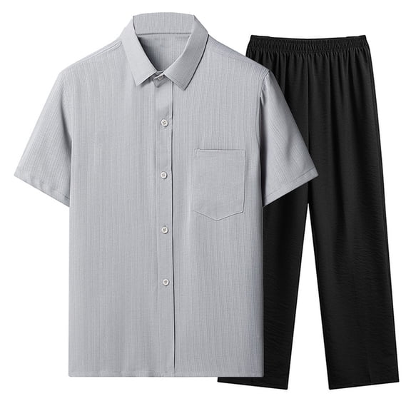 Dagugfen Mens Summer Outfits 2 Piece Straight Leg Black Pants Short Sleeve Shirts with Pocket Loose Casual Sets