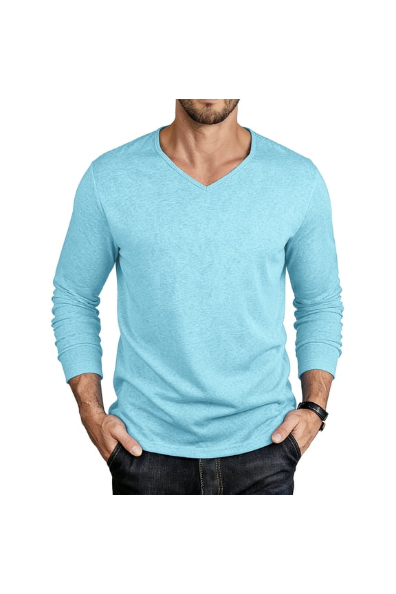 Mens Summer Tops Long Sleeve V Neck Breathable Lightweight Basic Layer Tee Shirts Solid Color
