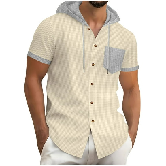 Dagugfen Mens Tops Hoodie Button up Short Sleeve Loose Fashion Vacation Travel Casual Shirts Pocket