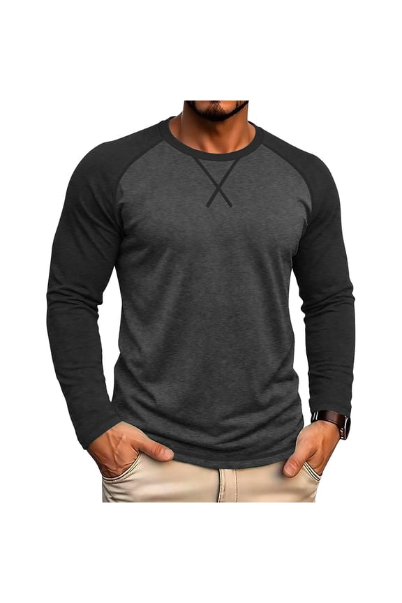 Mens Tops Long Sleeve Color Blocked Crew Neck T Shirts Tops Casual Breathable Daily Wear Tops for Men