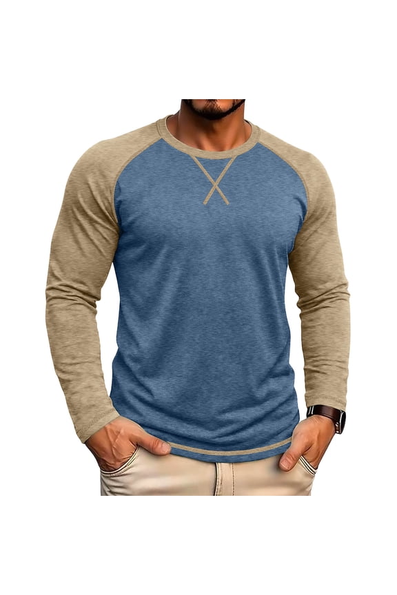 Mens Tops Long Sleeve Color Blocked Crew Neck T Shirts Tops Casual Breathable Daily Wear Tops for Men