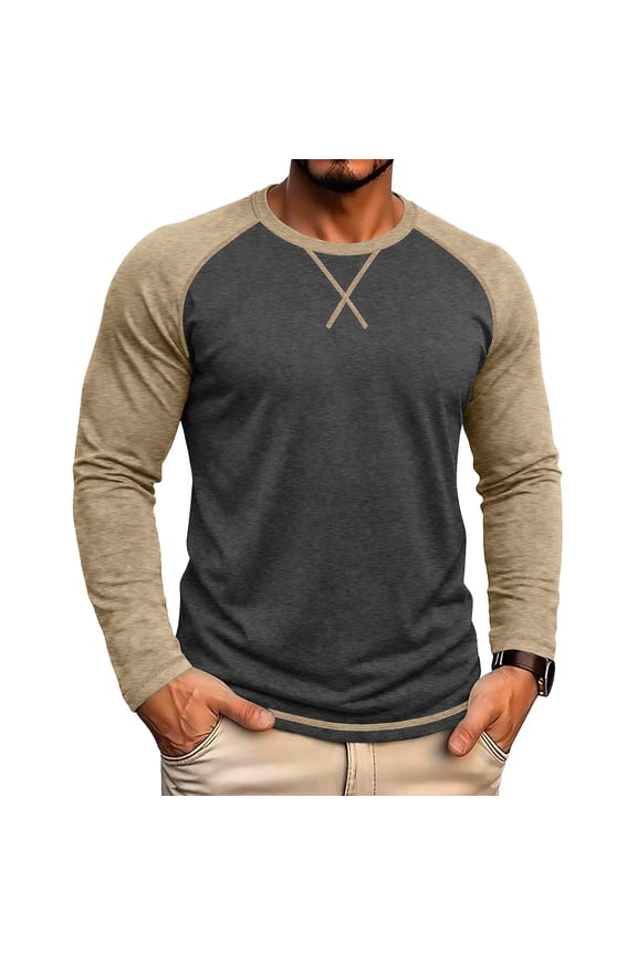 Mens Tops Long Sleeve Color Blocked Crew Neck T Shirts Tops Casual Breathable Daily Wear Tops for Men