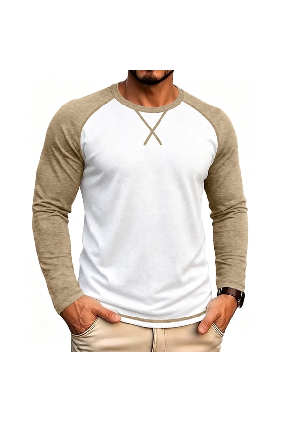 Mens Tops Long Sleeve Color Blocked Crew Neck T Shirts Tops Casual Breathable Daily Wear Tops for Men