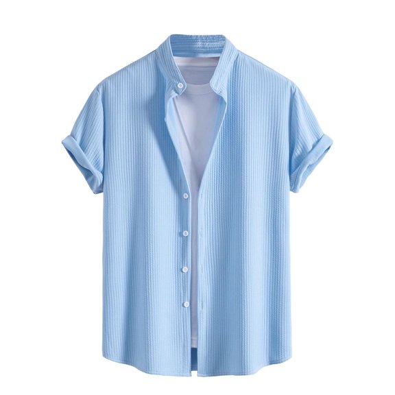 Dagugfen Mens Tops Ribbed Short Sleeve Button up Shirts Lapel Neck Loose Summer Casual Comfy Tee Tops