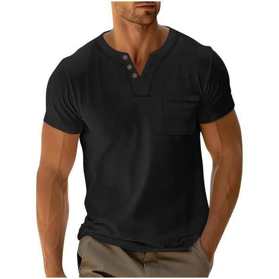 Dagugfen Mens Tops Short Sleeve Button V Neck Slim Solid Color Travel Casual Tee Shirts with Pocket
